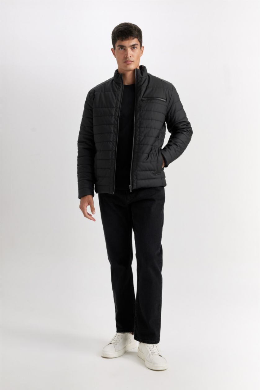 Erkek Siyah Su İtici Slim Fit Dar Kesim Dik Yaka Fermuarlı Cepli Suni Deri Ceket Mont