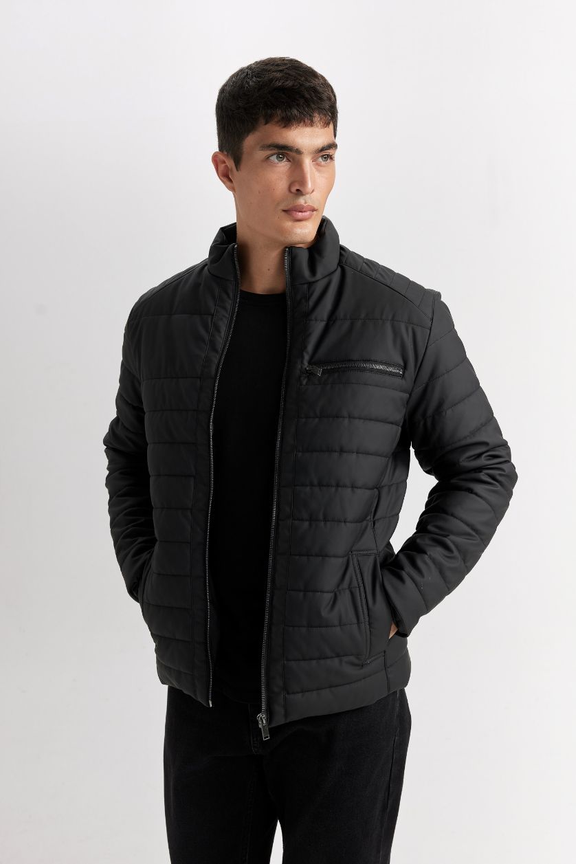 Erkek Siyah Su İtici Slim Fit Dar Kesim Dik Yaka Fermuarlı Cepli Suni Deri Ceket Mont