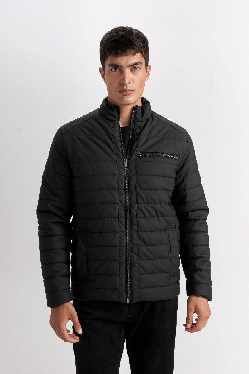Erkek Siyah Su İtici Slim Fit Dar Kesim Dik Yaka Fermuarlı Cepli Suni Deri Ceket Mont