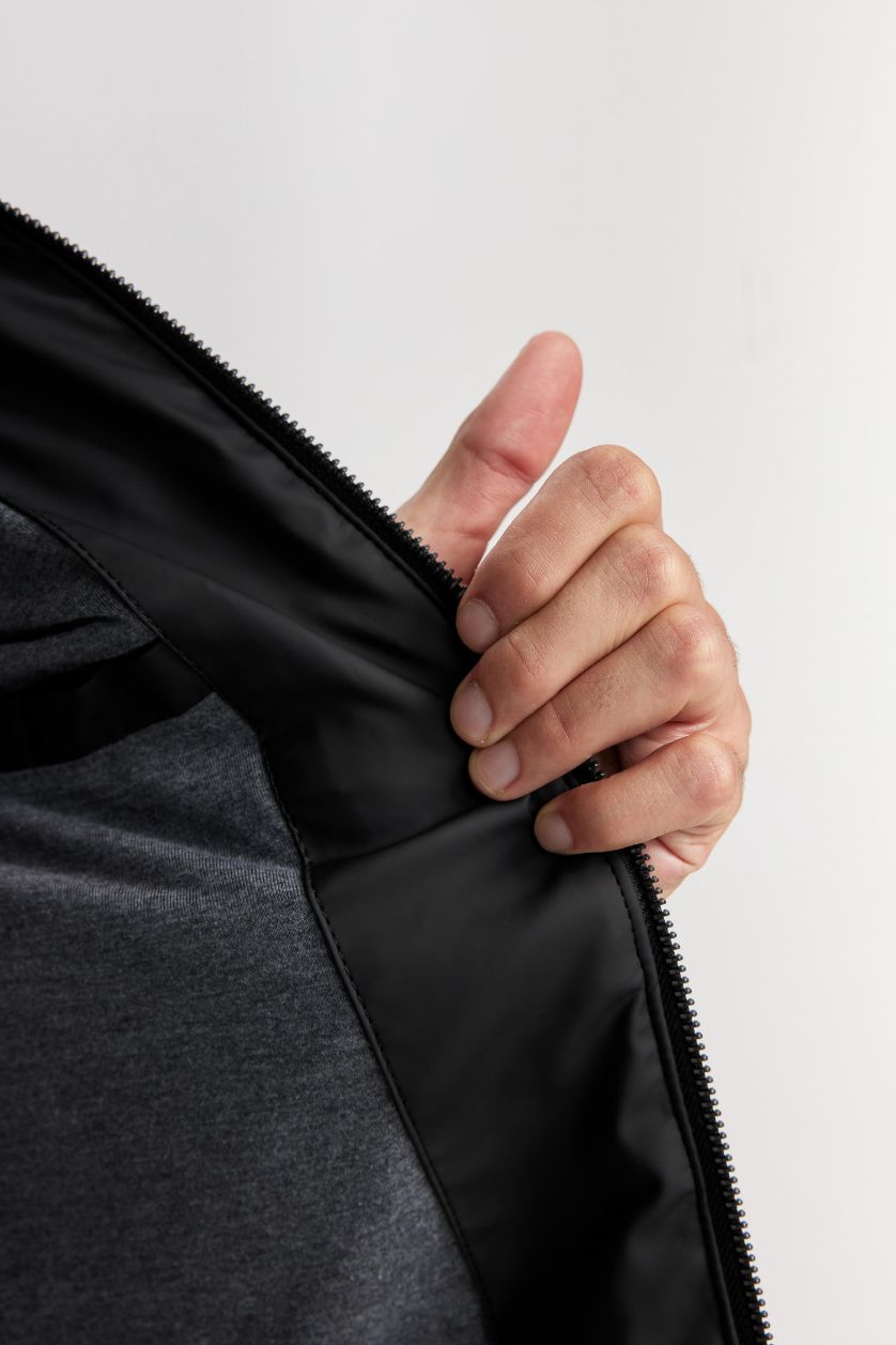 Erkek Siyah Su İtici Slim Fit Dar Kesim Dik Yaka Fermuarlı Cepli Suni Deri Ceket Mont