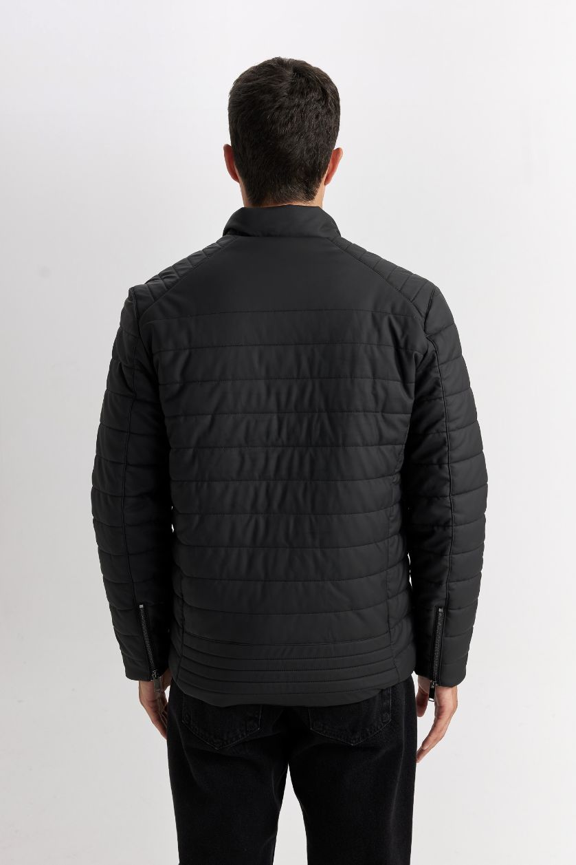 Erkek Siyah Su İtici Slim Fit Dar Kesim Dik Yaka Fermuarlı Cepli Suni Deri Ceket Mont