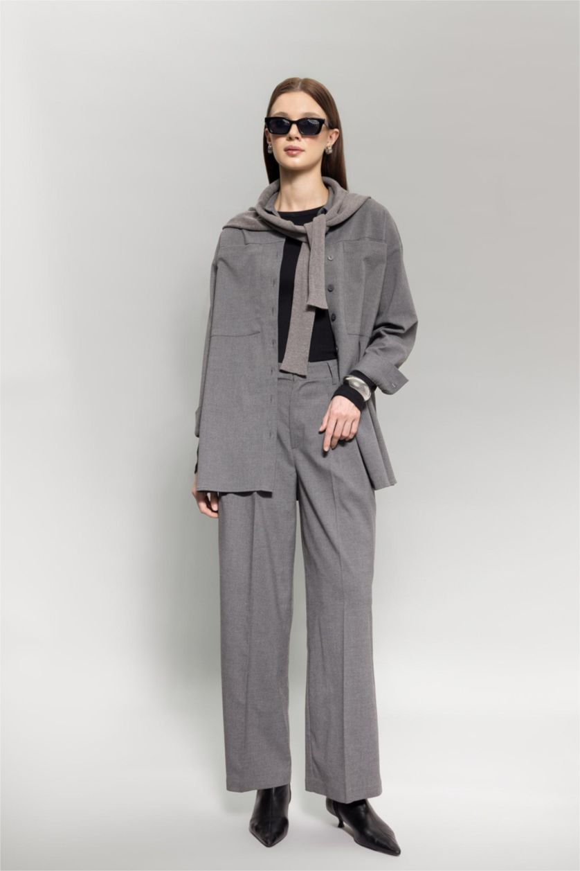 Kadın Antrasit Wide Leg Geniş Bol Paça Çift Pileli Basic Düz Dokuma Klasik Pantolon