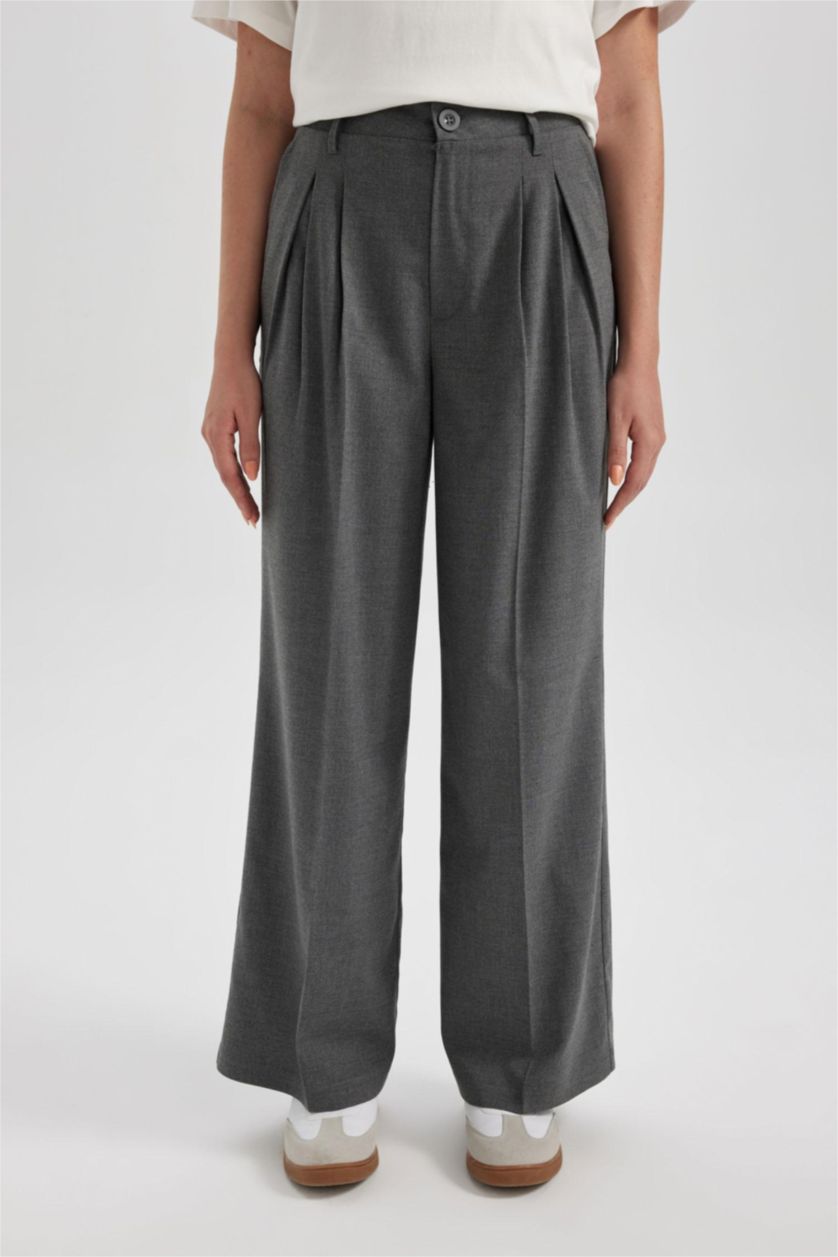 Kadın Antrasit Wide Leg Geniş Bol Paça Çift Pileli Basic Düz Dokuma Klasik Pantolon