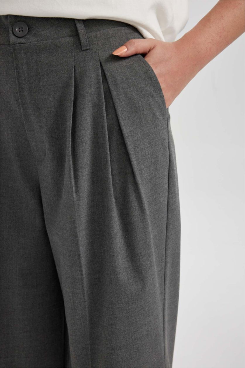 Kadın Antrasit Wide Leg Geniş Bol Paça Çift Pileli Basic Düz Dokuma Klasik Pantolon