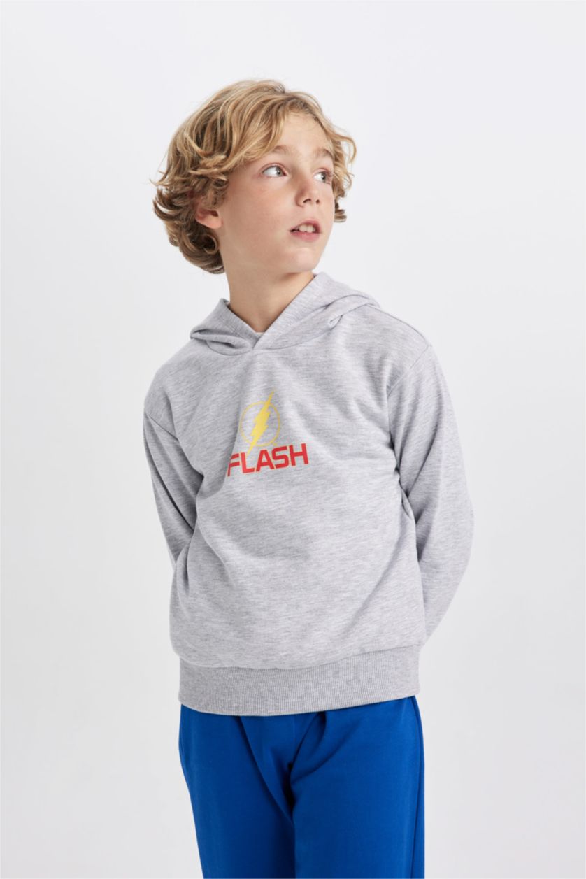 Boys & Teens Grey Melange Boy The Flash Hooded Thick Sweatshirt