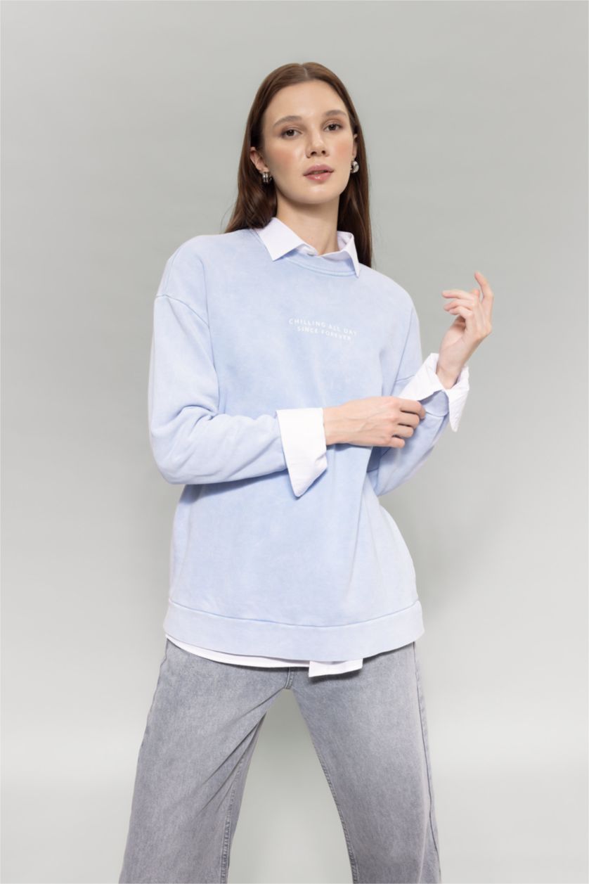 WOMAN Light Blue Regular Fit Crew Neck Printed Basic Sweatshirt Tunic