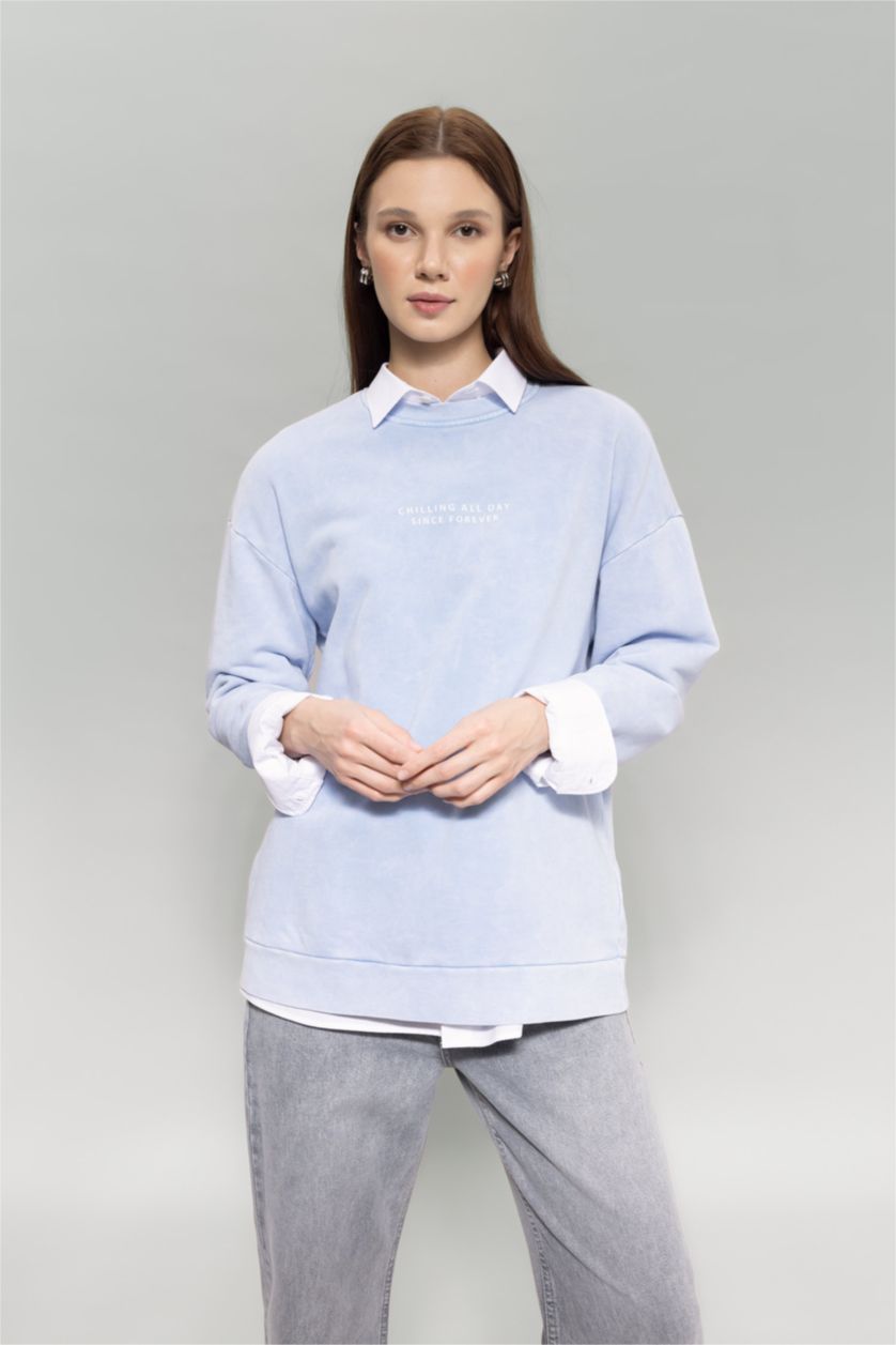 WOMAN Light Blue Regular Fit Crew Neck Printed Basic Sweatshirt Tunic