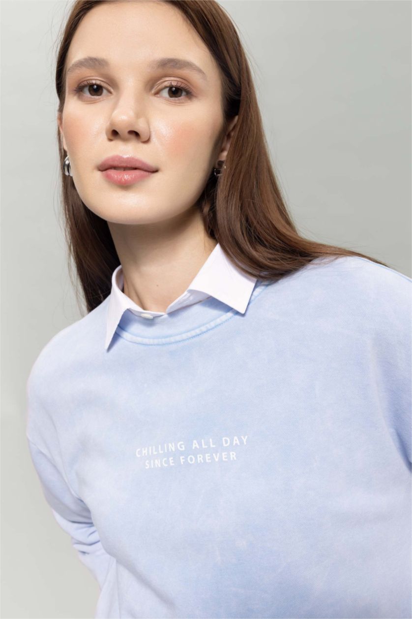 WOMAN Light Blue Regular Fit Crew Neck Printed Basic Sweatshirt Tunic