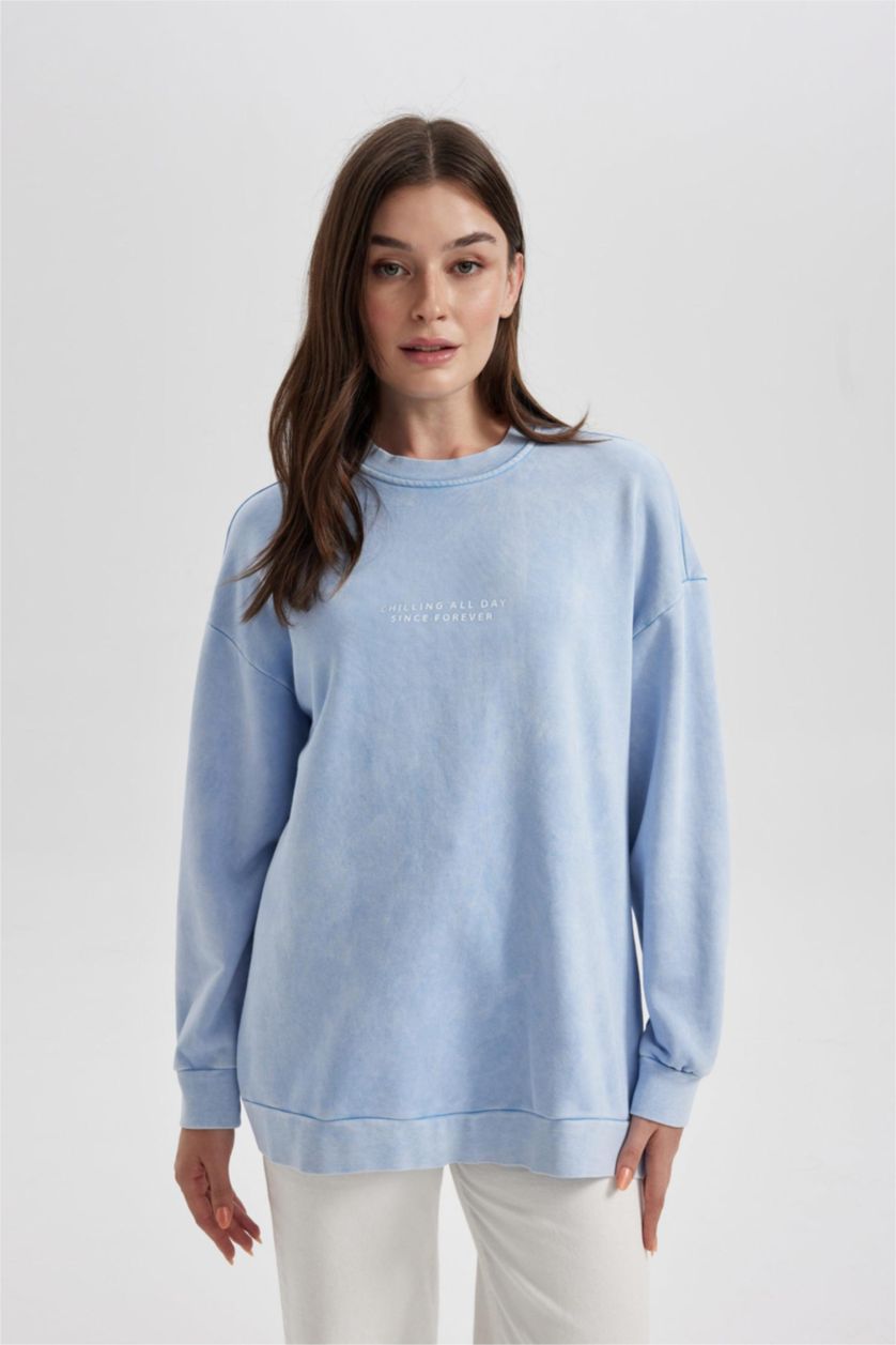 WOMAN Light Blue Regular Fit Crew Neck Printed Basic Sweatshirt Tunic