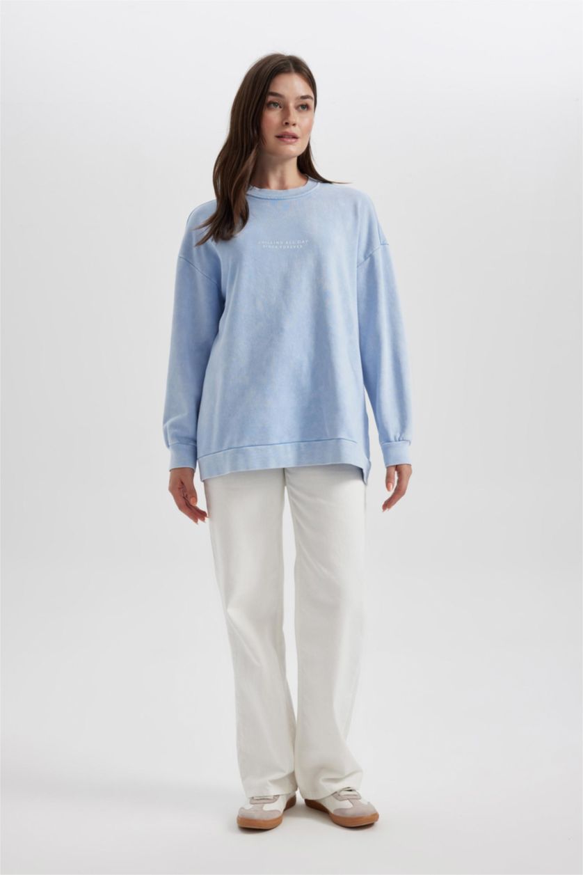 WOMAN Light Blue Regular Fit Crew Neck Printed Basic Sweatshirt Tunic