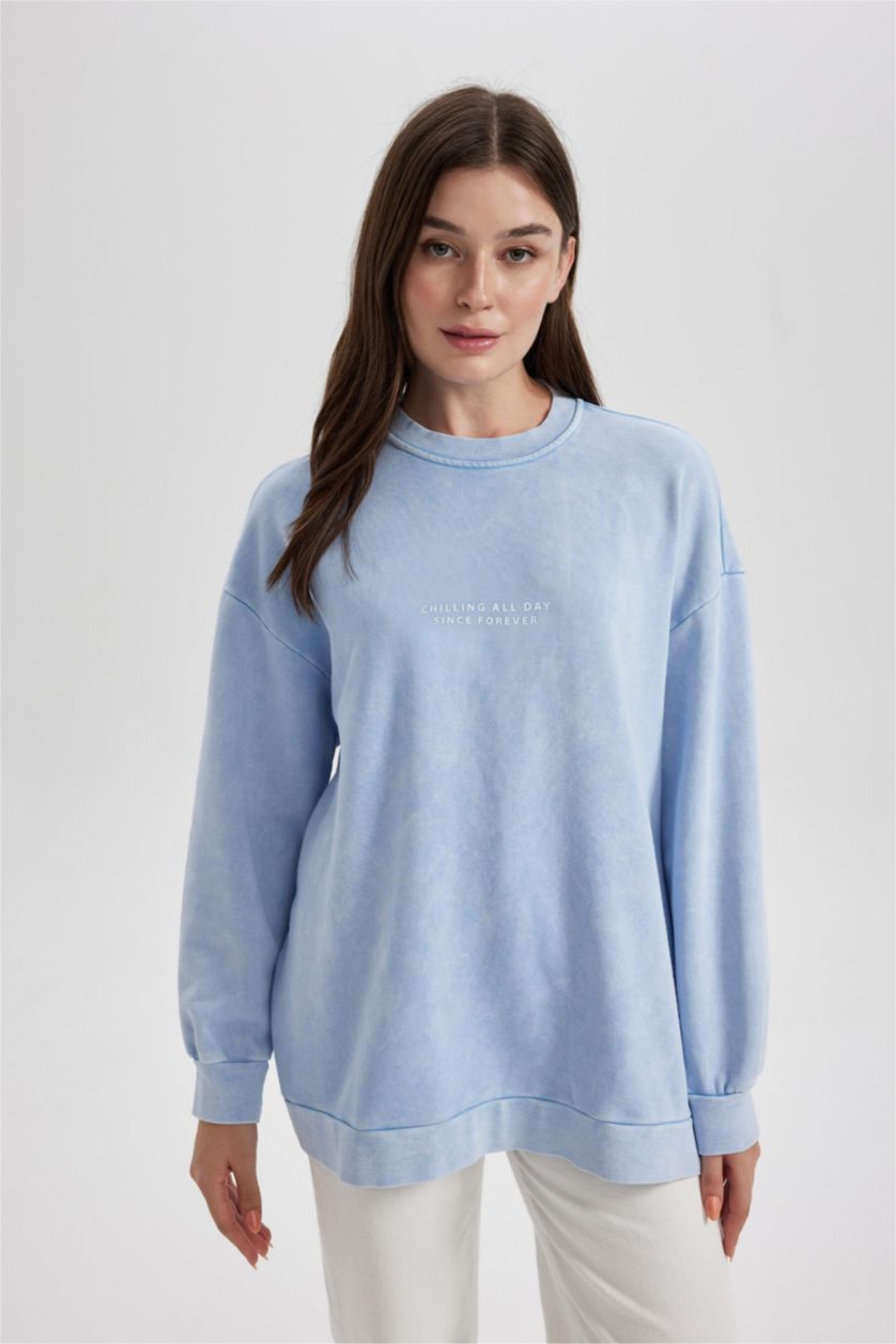 WOMAN Light Blue Regular Fit Crew Neck Printed Basic Sweatshirt Tunic