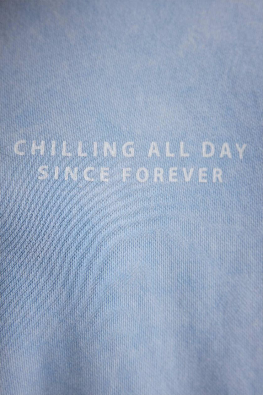 WOMAN Light Blue Regular Fit Crew Neck Printed Basic Sweatshirt Tunic