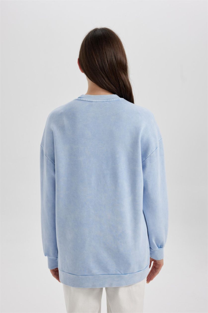 WOMAN Light Blue Regular Fit Crew Neck Printed Basic Sweatshirt Tunic