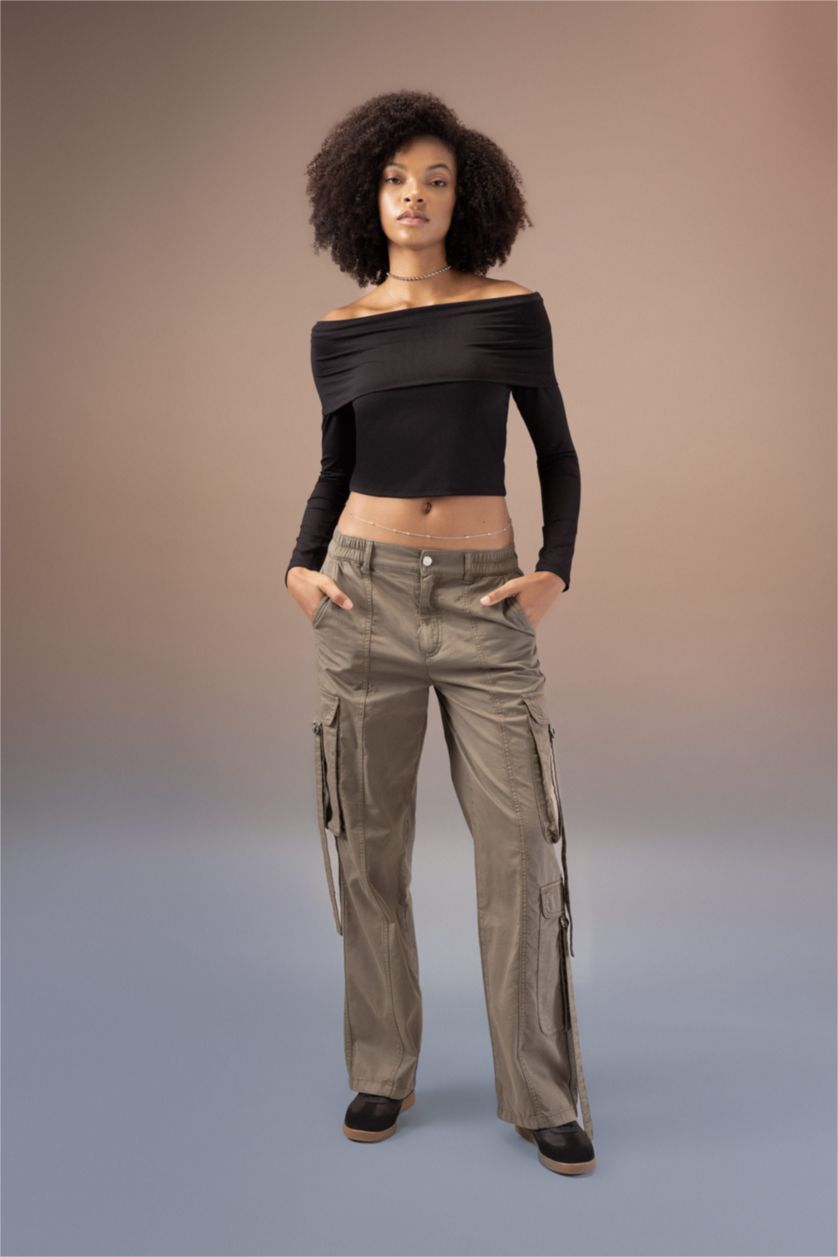 Woman Khaki Straight Fit Cargo High Waist Standard Gabardine Trousers