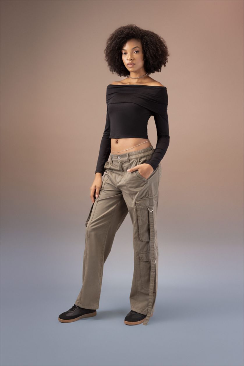 Woman Khaki Straight Fit Cargo High Waist Standard Gabardine Trousers