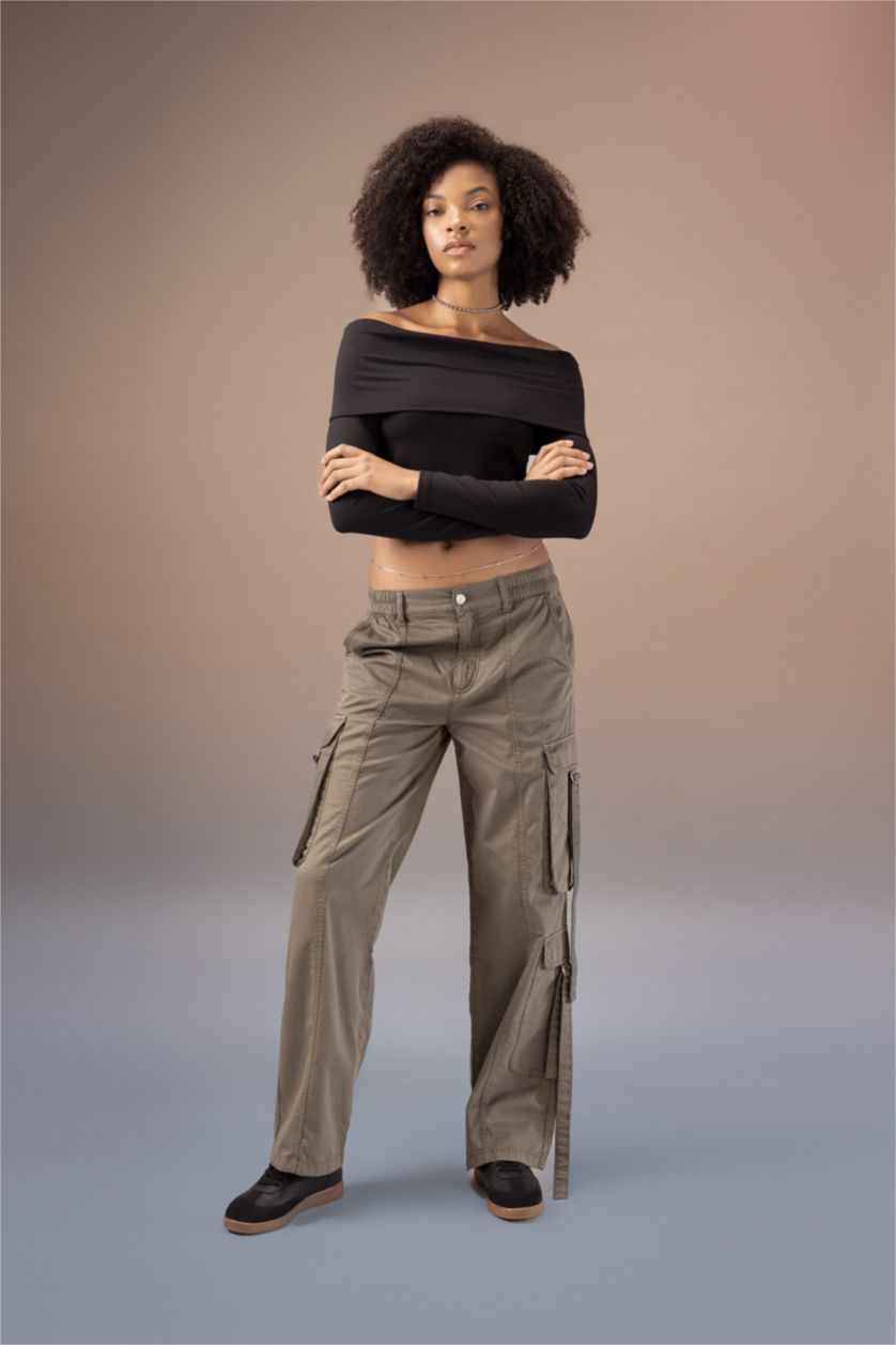 Woman Khaki Straight Fit Cargo High Waist Standard Gabardine Trousers