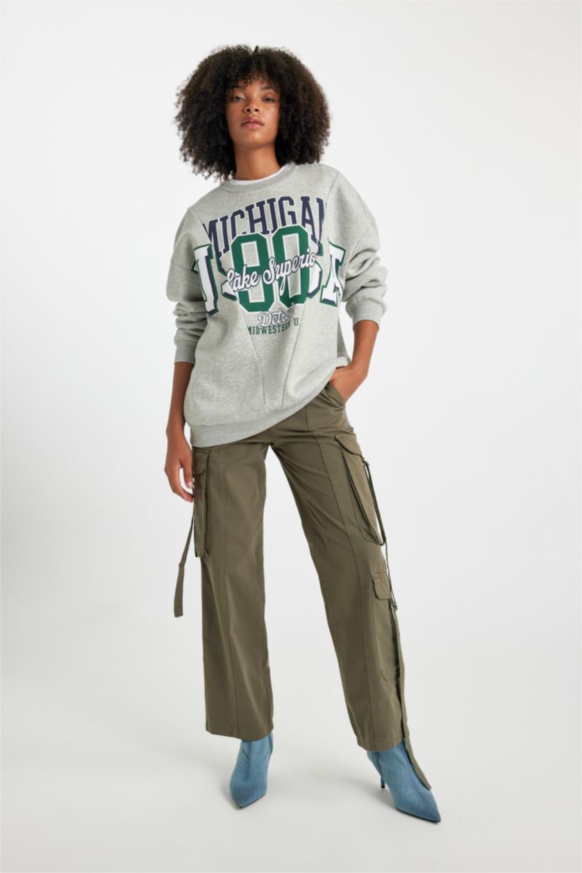 Woman Khaki Straight Fit Cargo High Waist Standard Gabardine Trousers