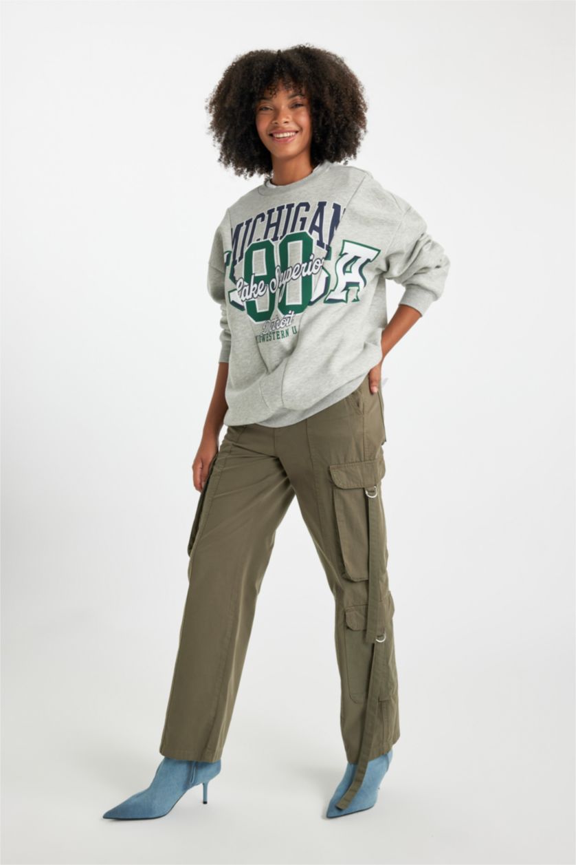 Woman Khaki Straight Fit Cargo High Waist Standard Gabardine Trousers