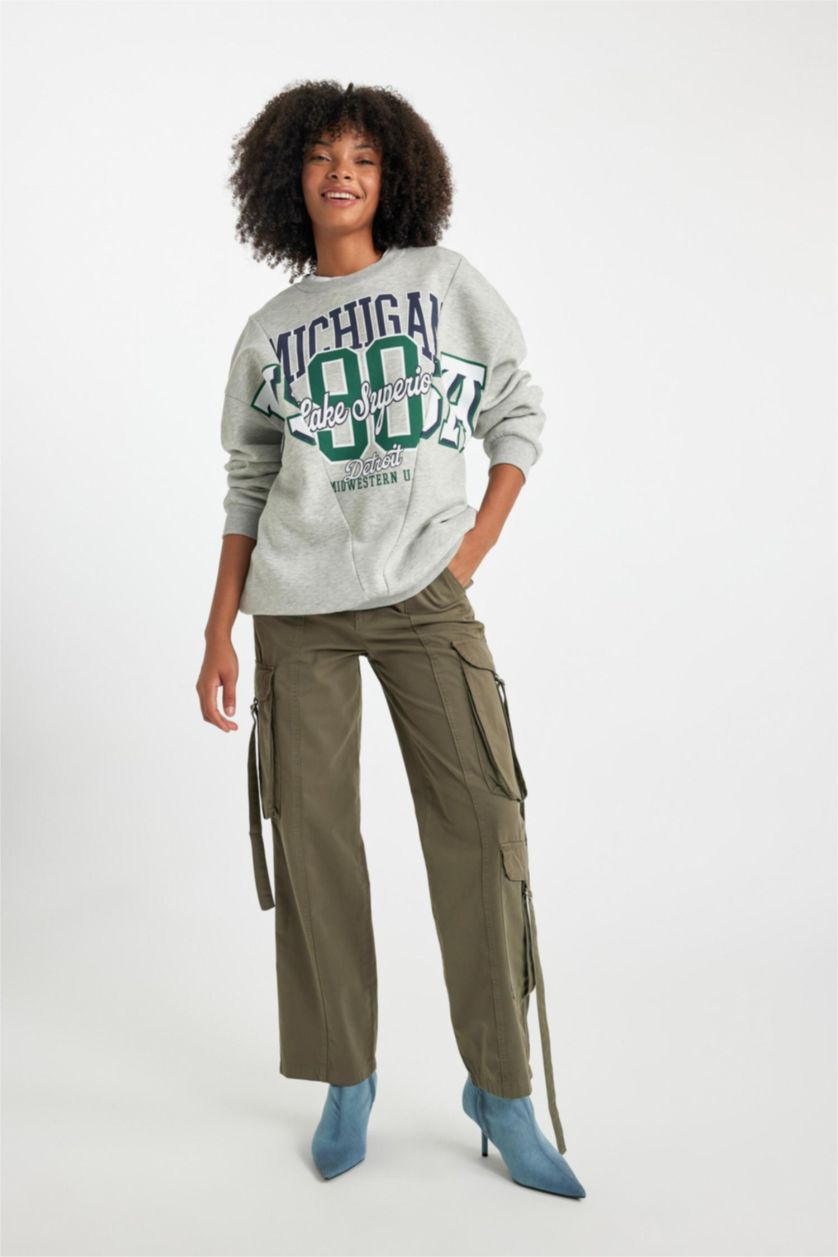 Woman Khaki Straight Fit Cargo High Waist Standard Gabardine Trousers