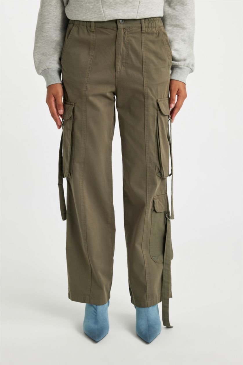 Woman Khaki Straight Fit Cargo High Waist Standard Gabardine Trousers