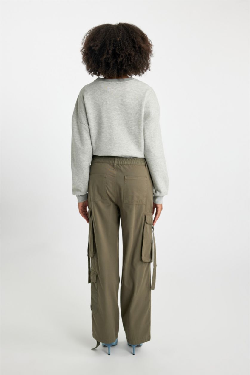 Woman Khaki Straight Fit Cargo High Waist Standard Gabardine Trousers