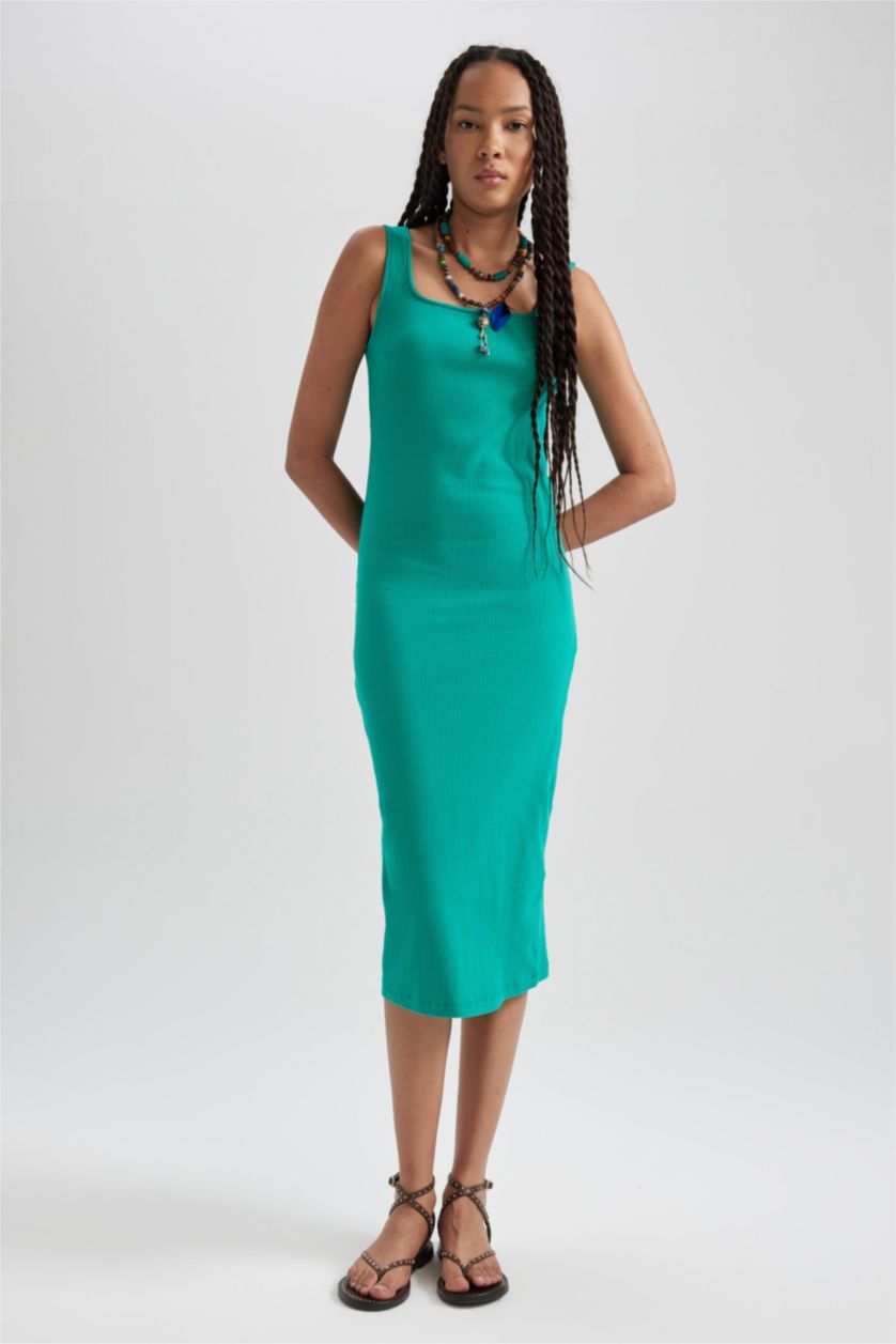 WOMAN Green Bodycon Square Neck Corduroy Midi Dress