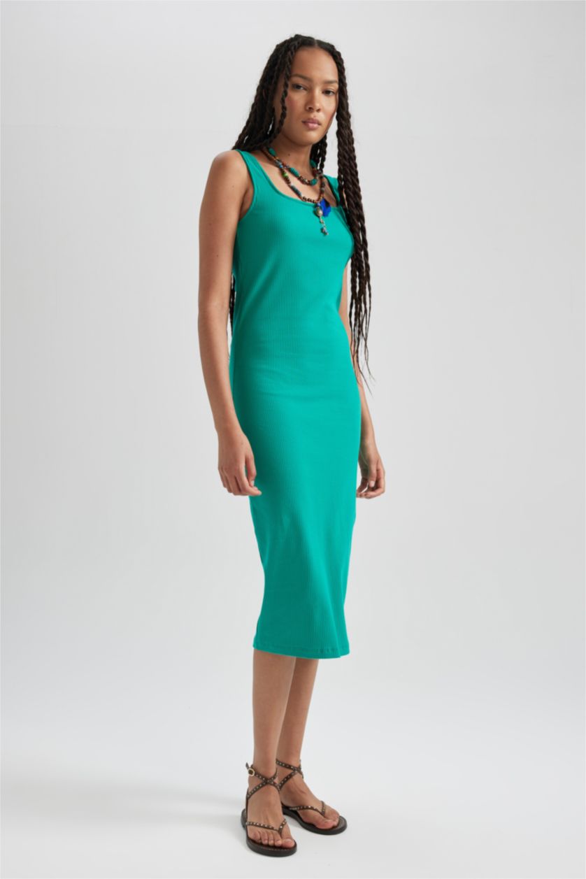 WOMAN Green Bodycon Square Neck Corduroy Midi Dress