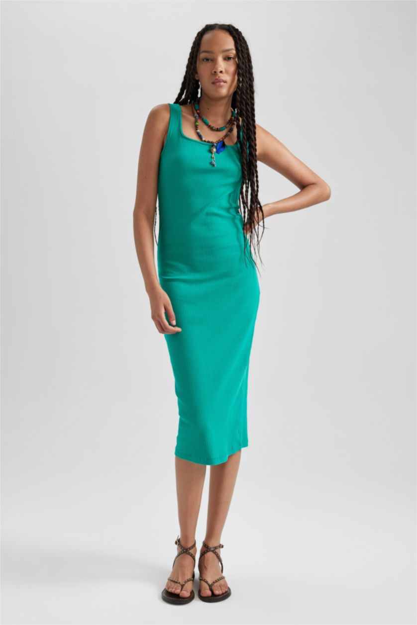 WOMAN Green Bodycon Square Neck Corduroy Midi Dress