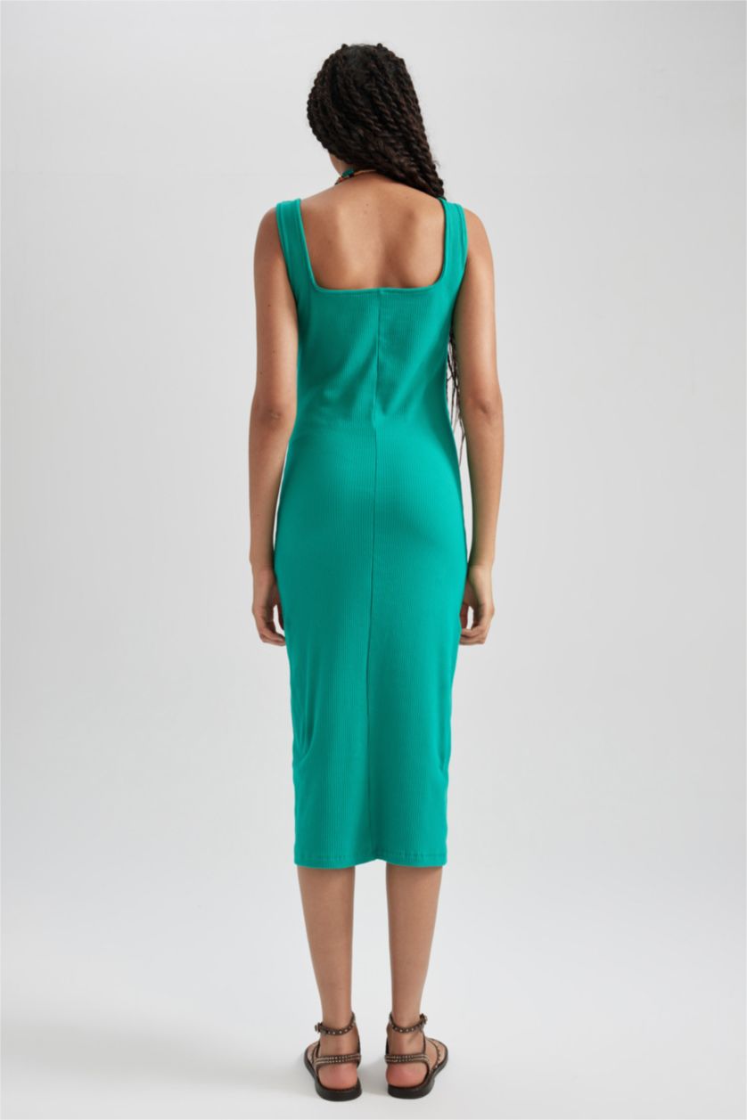 WOMAN Green Bodycon Square Neck Corduroy Midi Dress