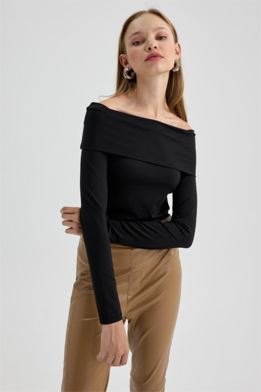 WOMAN Black Slim Fit Off Shoulder Long Sleeve T-Shirt