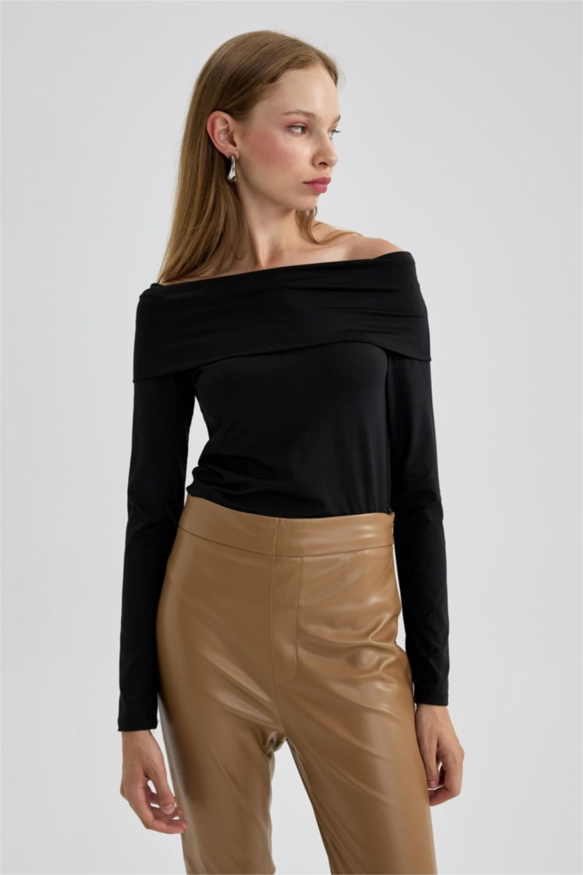 WOMAN Black Slim Fit Off Shoulder Long Sleeve T-Shirt