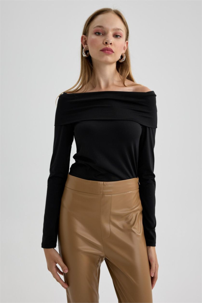 WOMAN Black Slim Fit Off Shoulder Long Sleeve T-Shirt