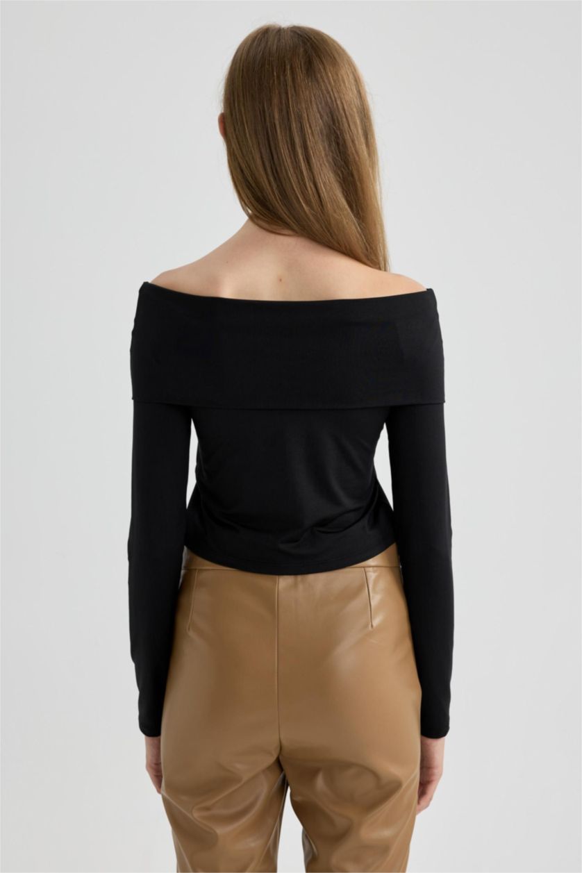 WOMAN Black Slim Fit Off Shoulder Long Sleeve T-Shirt