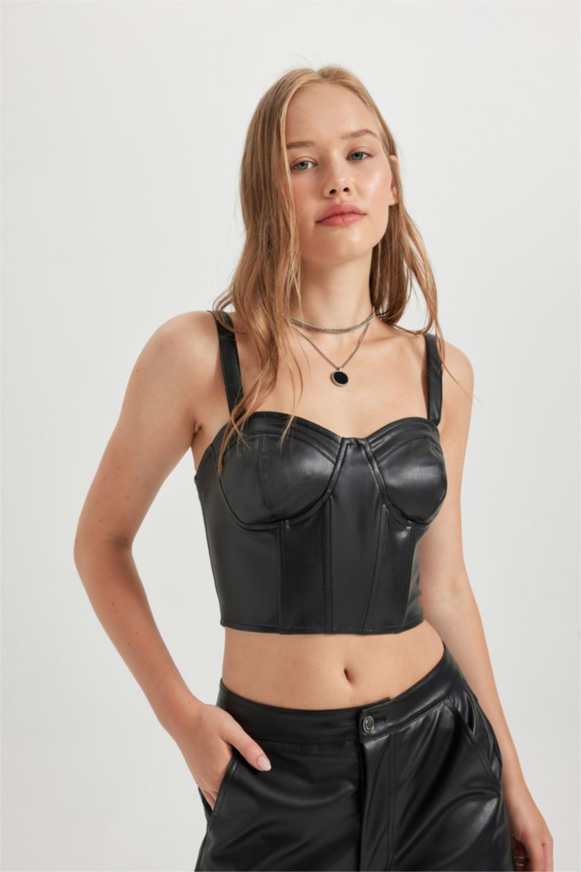 WOMAN Black Corset Strap Faux Leather Blouse