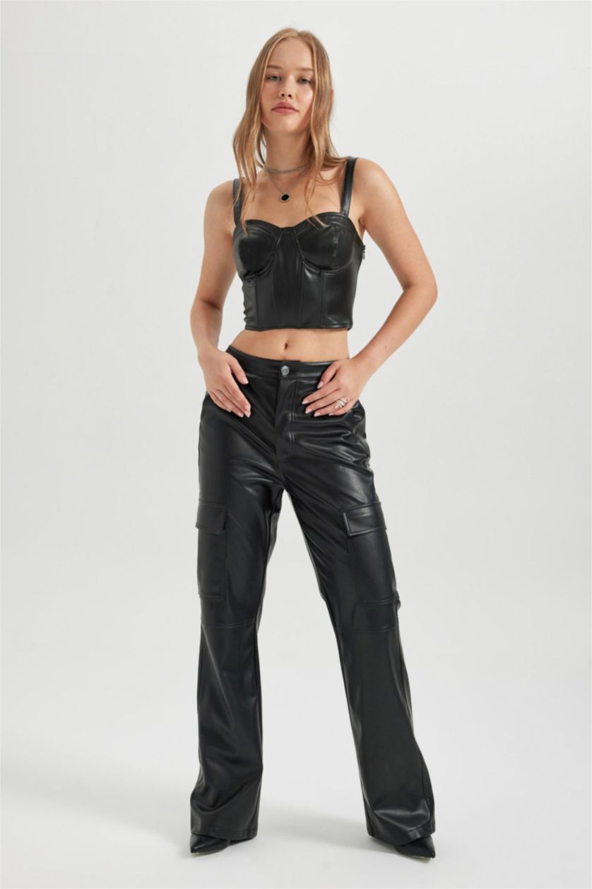 WOMAN Black Corset Strap Faux Leather Blouse