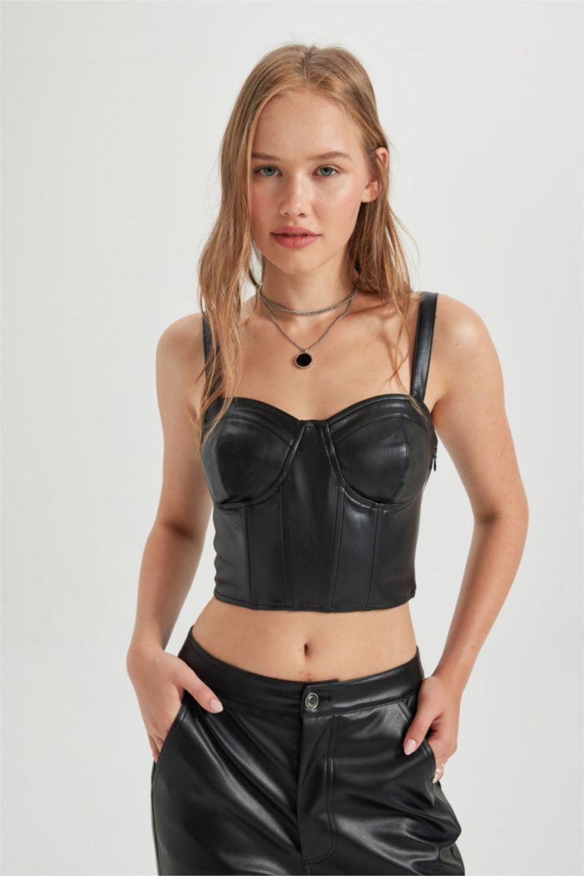 WOMAN Black Corset Strap Faux Leather Blouse
