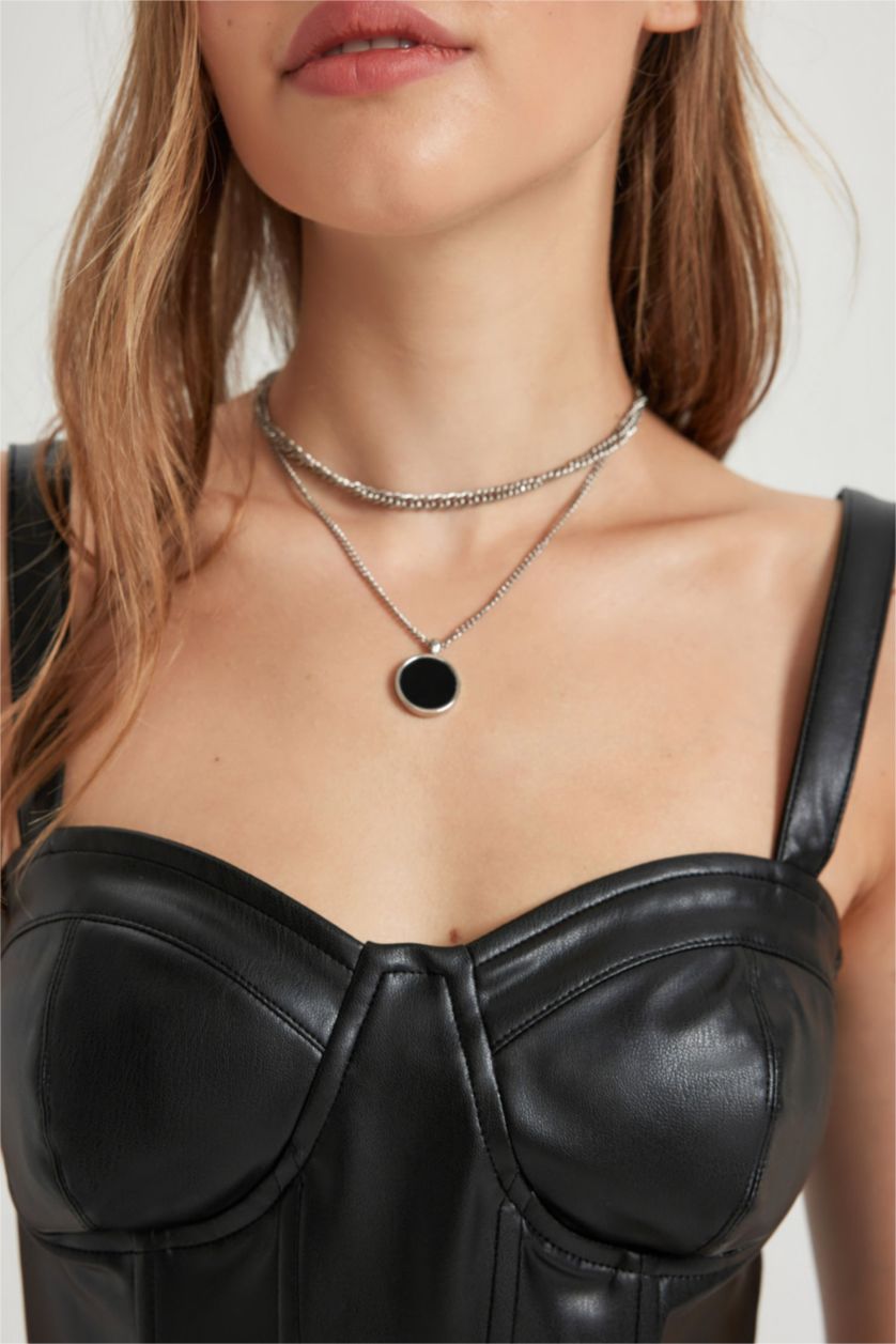 WOMAN Black Corset Strap Faux Leather Blouse