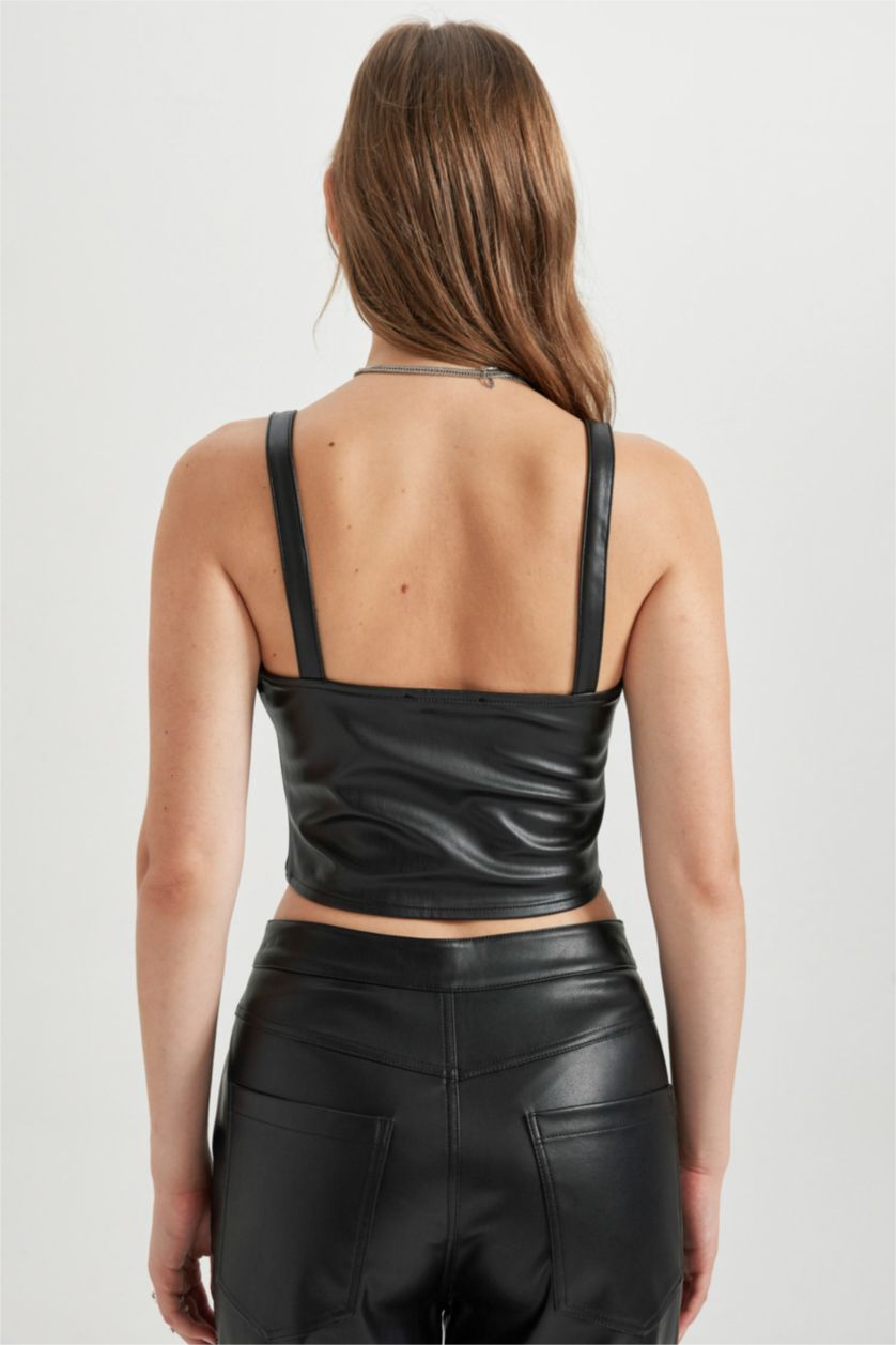 WOMAN Black Corset Strap Faux Leather Blouse