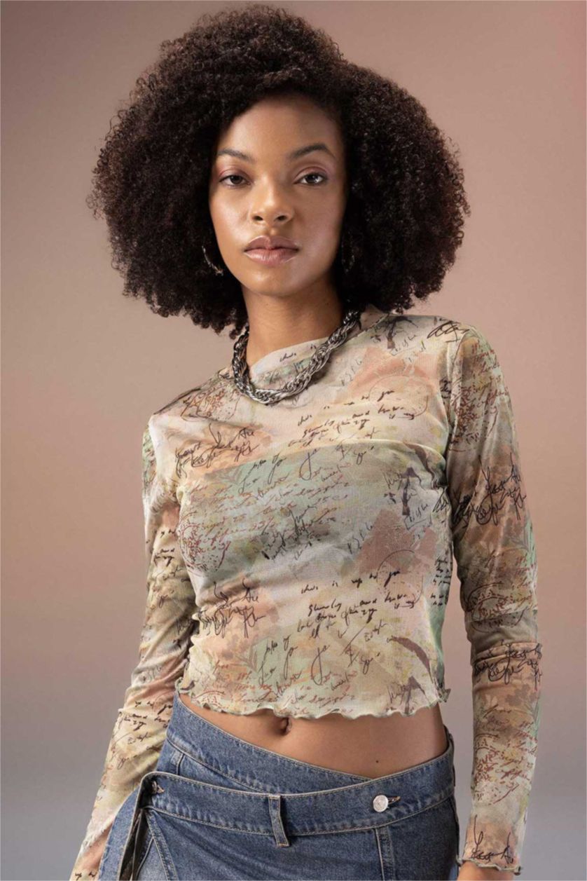 WOMAN Khaki Crop Crew Neck Batic Tulle Long Sleeve T-Shirt