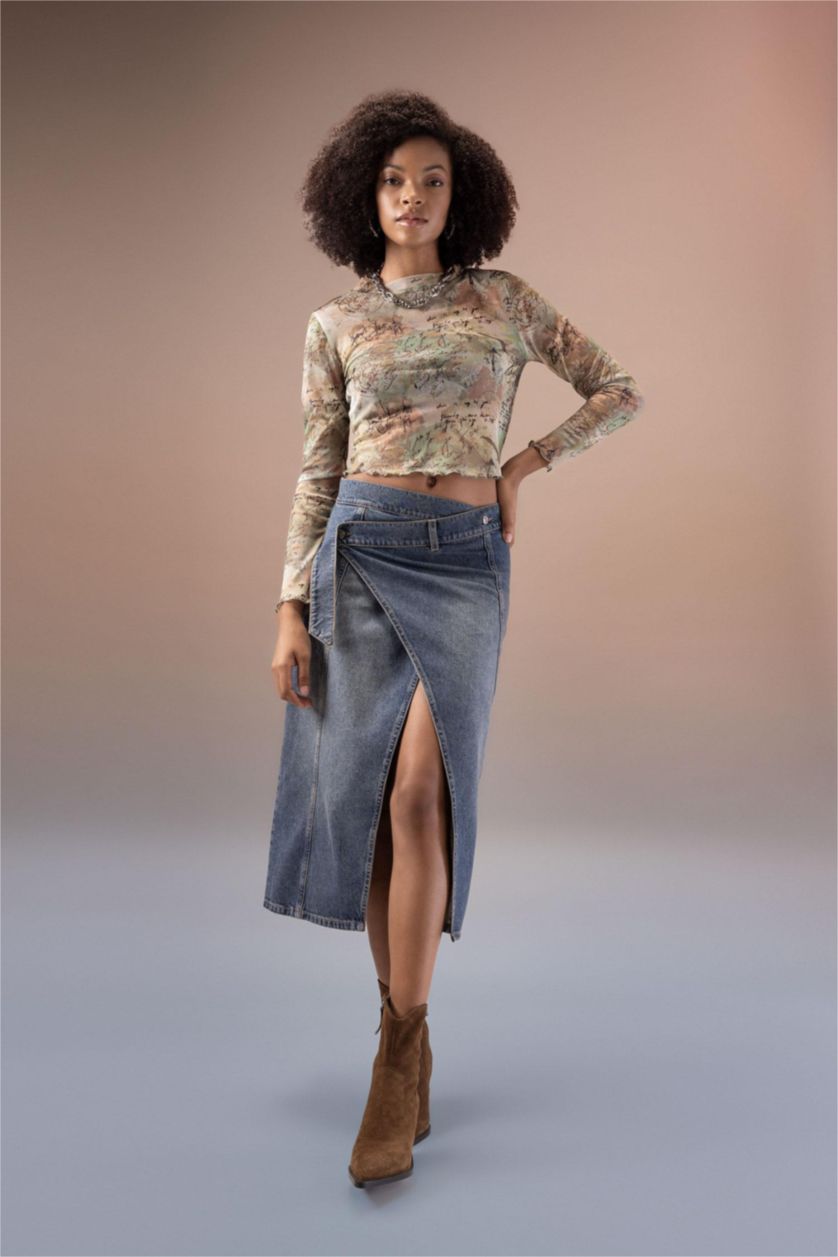 WOMAN Khaki Crop Crew Neck Batic Tulle Long Sleeve T-Shirt