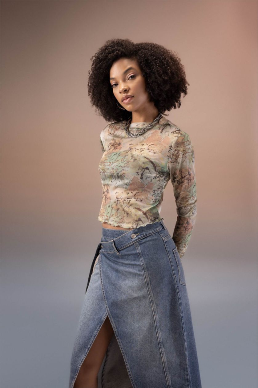 WOMAN Khaki Crop Crew Neck Batic Tulle Long Sleeve T-Shirt