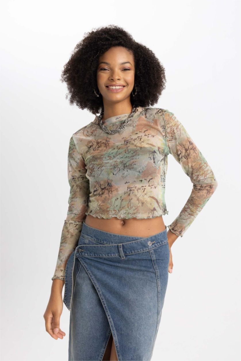 WOMAN Khaki Crop Crew Neck Batic Tulle Long Sleeve T-Shirt