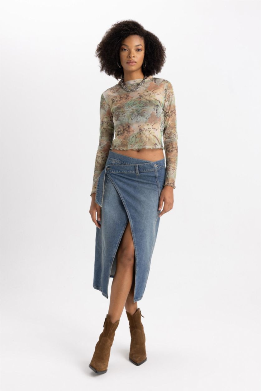 WOMAN Khaki Crop Crew Neck Batic Tulle Long Sleeve T-Shirt