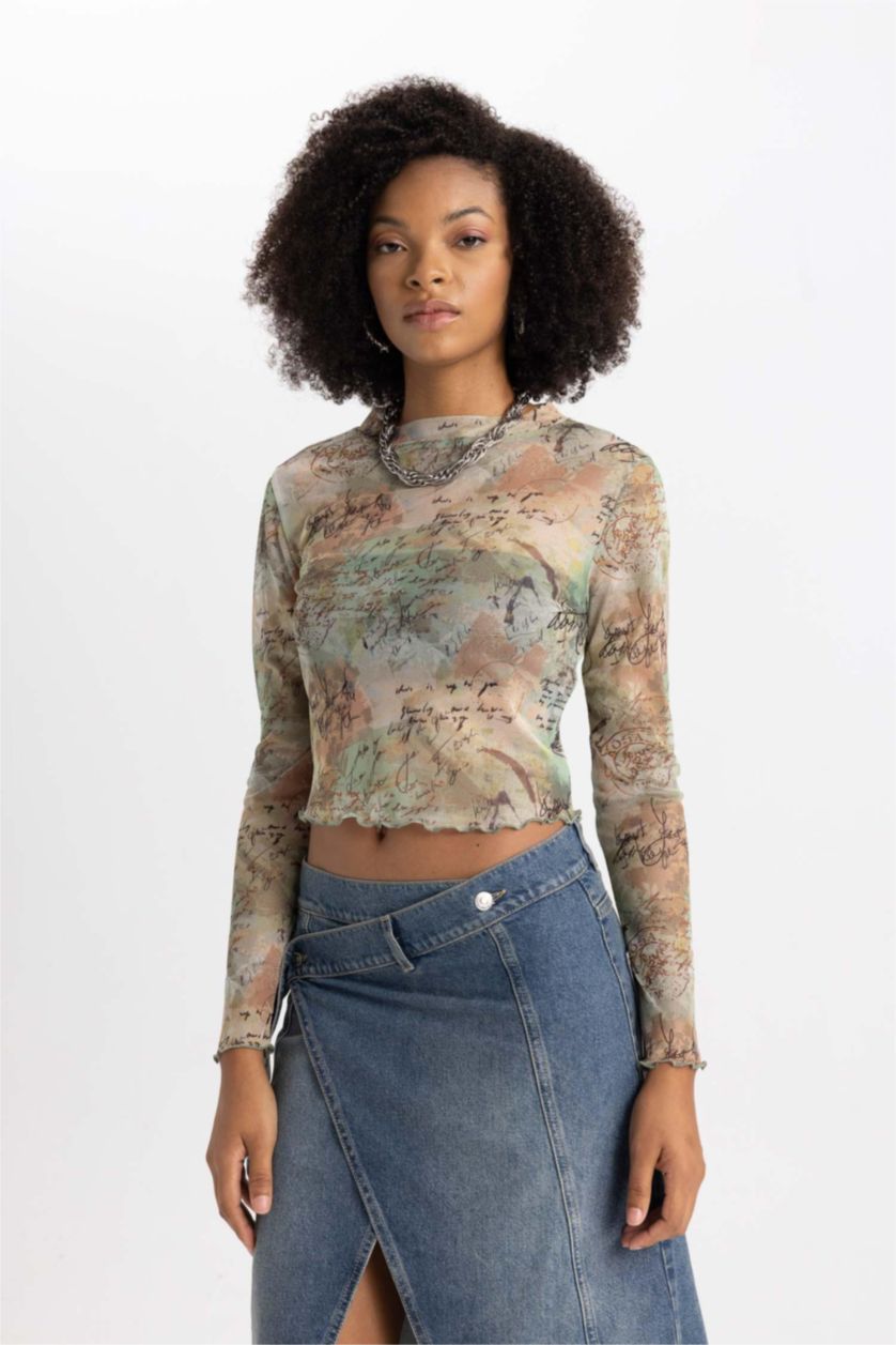 WOMAN Khaki Crop Crew Neck Batic Tulle Long Sleeve T-Shirt
