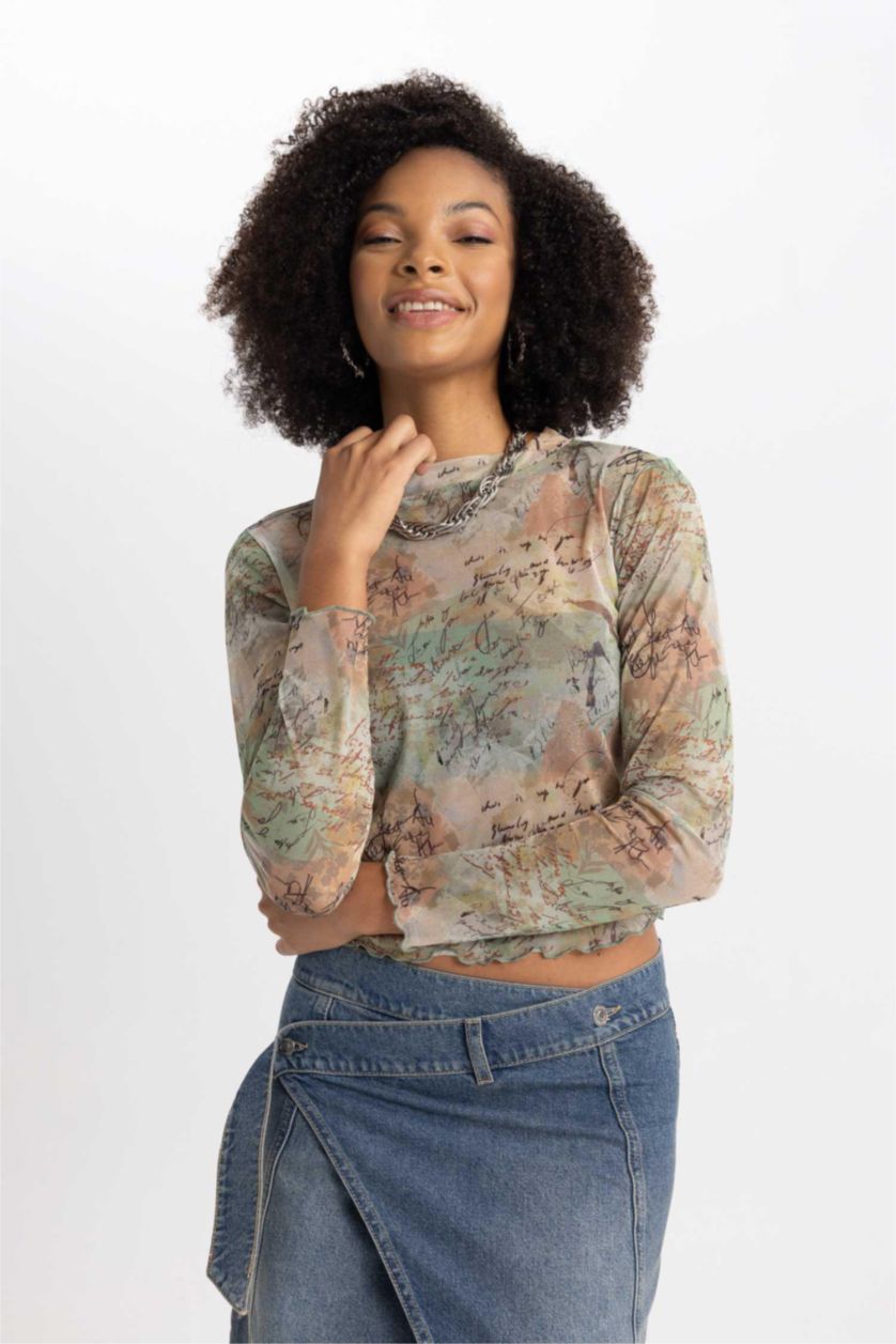 WOMAN Khaki Crop Crew Neck Batic Tulle Long Sleeve T-Shirt