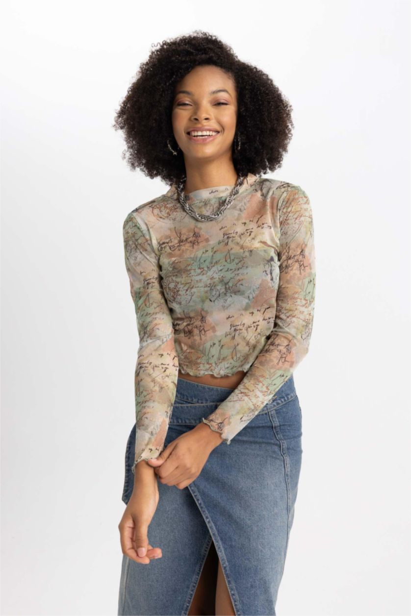 WOMAN Khaki Crop Crew Neck Batic Tulle Long Sleeve T-Shirt
