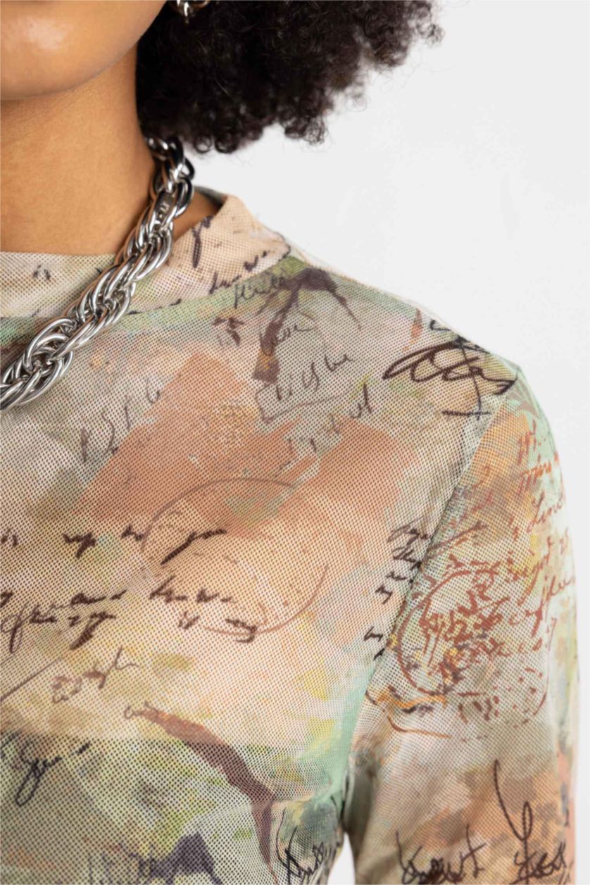 WOMAN Khaki Crop Crew Neck Batic Tulle Long Sleeve T-Shirt