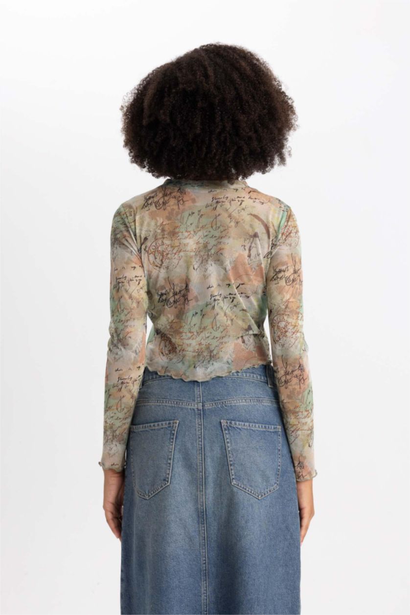 WOMAN Khaki Crop Crew Neck Batic Tulle Long Sleeve T-Shirt