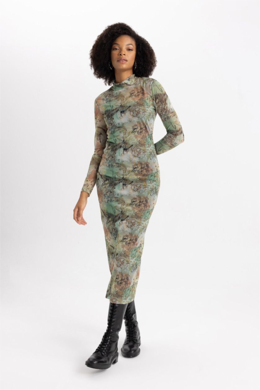 Женщины Хаки Платье макси с длинным рукавом