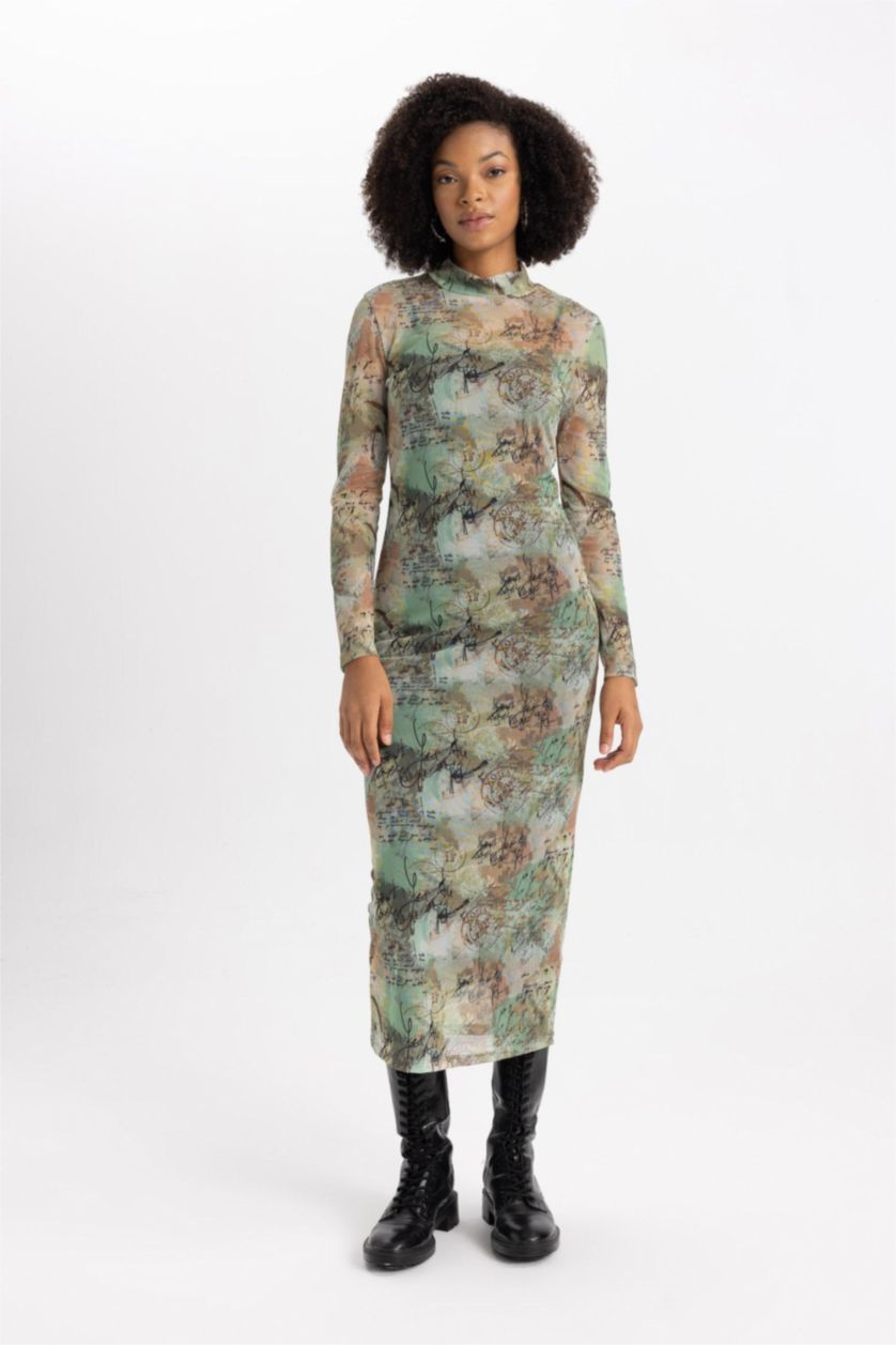 Женщины Хаки Платье макси с длинным рукавом